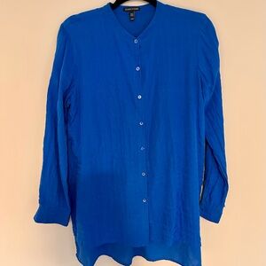 Eileen Fisher Textured Mandarin Collar Silk & Cotton Blouse sz M
